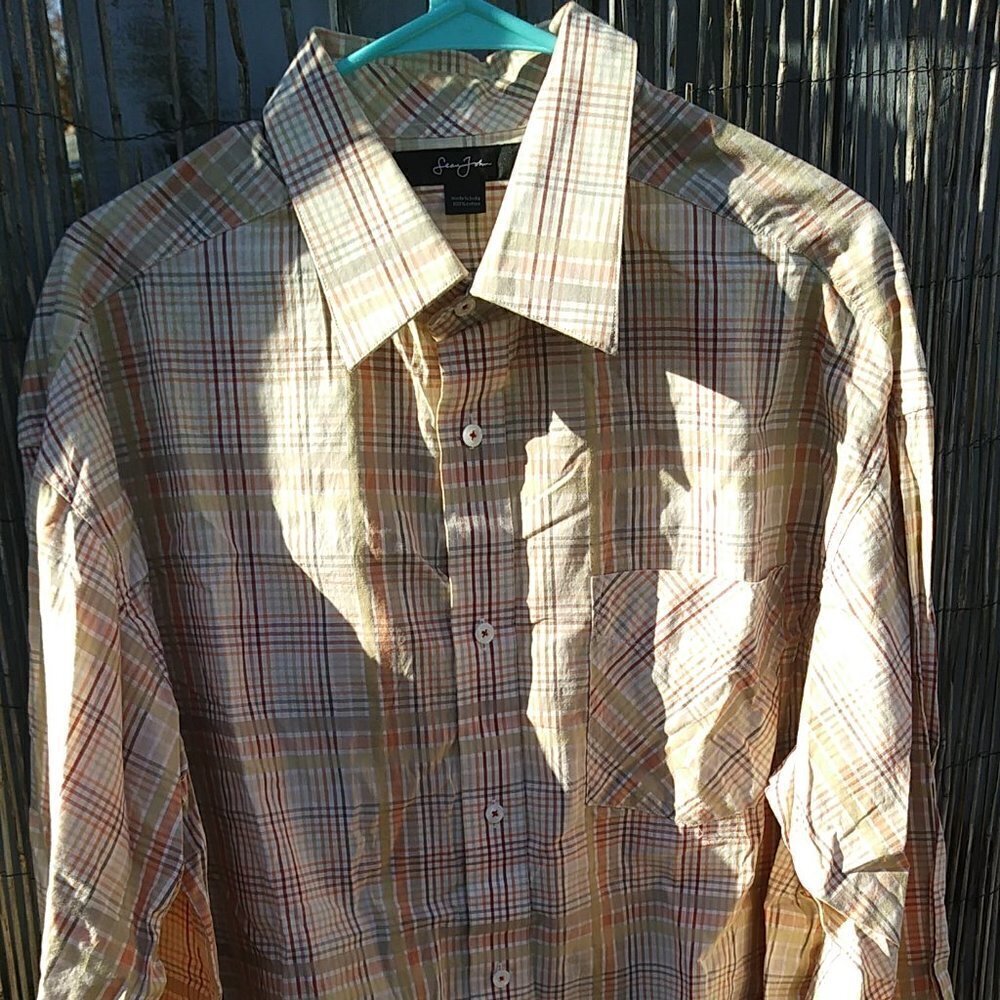 Sean John Men's Plaid Orange Yellow Gray Brown Button Down - XXL